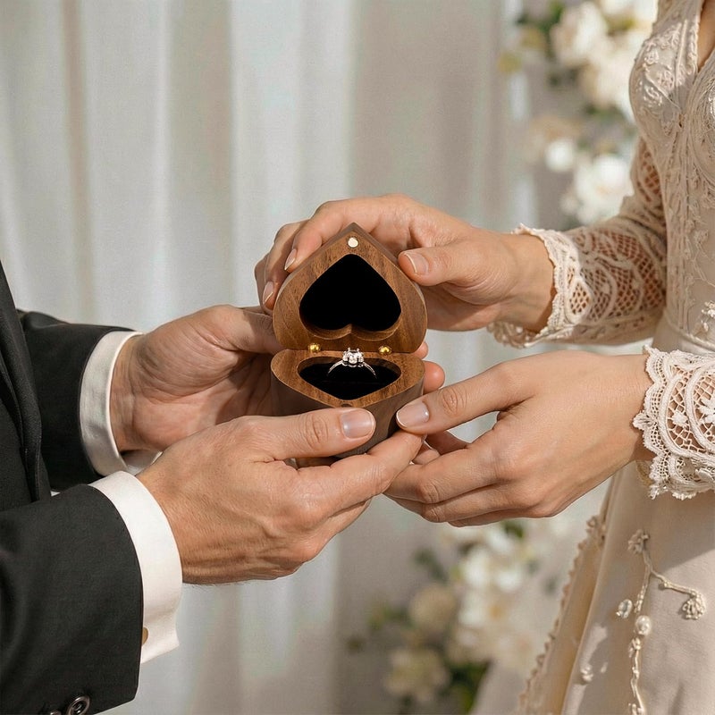 Wislist Engagement Proposal Ring Box Slim Wooden Heart Shaped Ring Case Bearer Box Holder for Wedding Ceremony, Commemoration Day, Birthday Gift, Jewelry Store, Collection & Display - Image 2